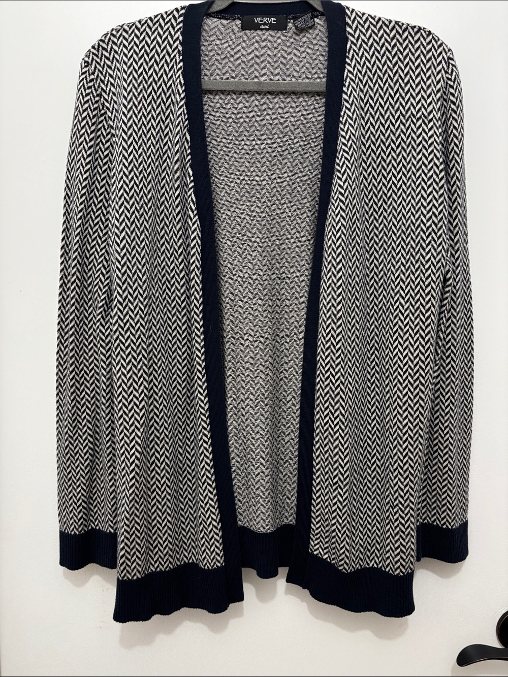 BERVE Ami Sz M Chevron Open-Front Knit Cardigan - Black & White